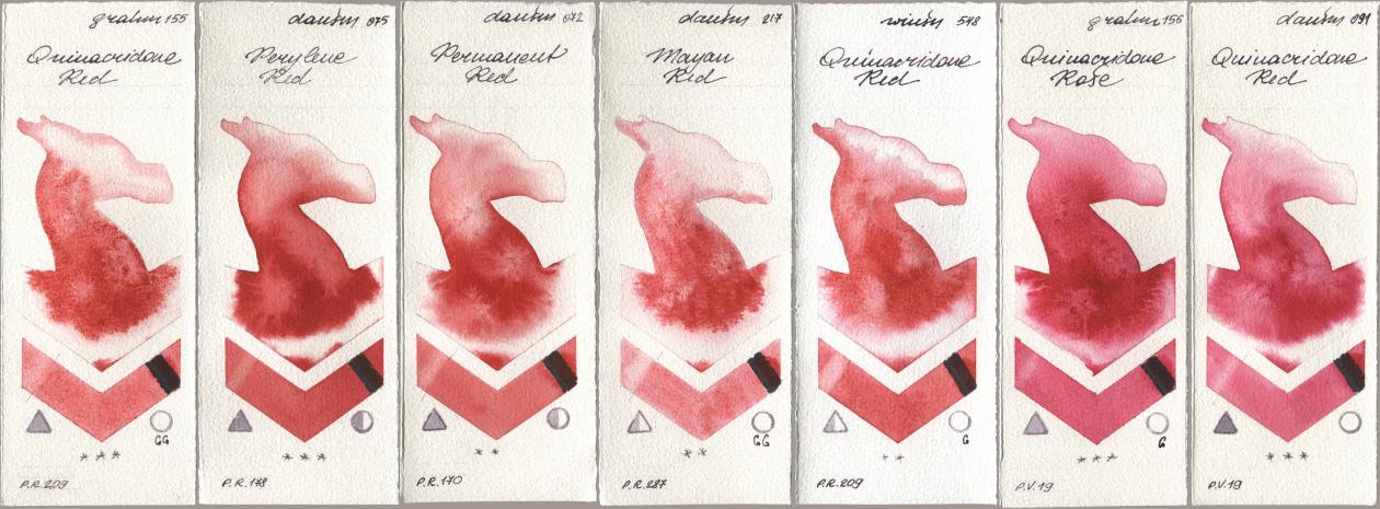 M. Graham & Co. Artists 155 Quinacridone Red, Daniel Smith 075 Perylene Red, 072 Permanent Red, 217 Mayan Red, Winsor & Newton Professional 548 Quinacridone Red, 156 Quinacridone Rose, 091 Quinacridone R watercolor swatch