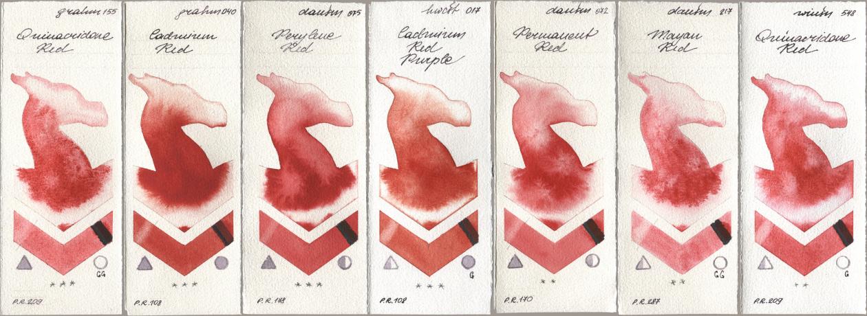 M. Graham & Co. Artists 155 Quinacridone Red, 040 Cadmium Red, Daniel Smith 075 Perylene Red, Holbein Artists Watercolor 017 Cadmium Red Purple, 072 Permanent Red, 217 Mayan Red, Winsor & Newton Professional 548 Quinacridone R watercolor swatch