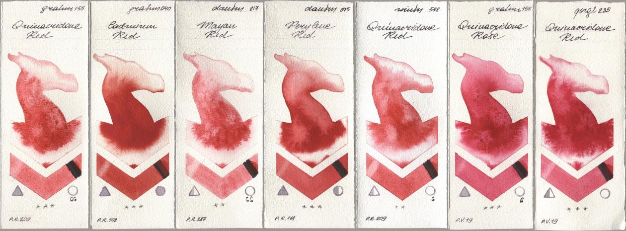 M. Graham & Co. Artists 155 Quinacridone Red, 040 Cadmium Red, Daniel Smith 217 Mayan Red, 075 Perylene Red, Winsor & Newton Professional 548 Quinacridone Red, 156 Quinacridone Rose, Golden QOR 235 Quinacridone R watercolor swatch