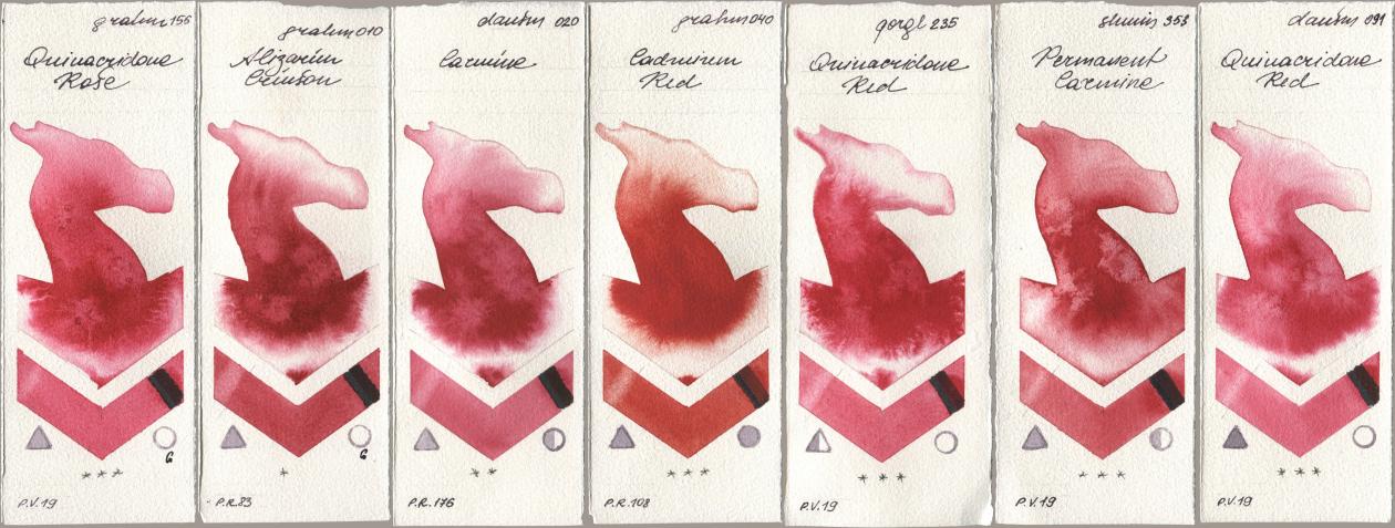 M. Graham & Co. Artists 156 Quinacridone Rose, 010 Alizarin Crimson, Daniel Smith 020 Carmine, 040 Cadmium Red, Golden QOR 235 Quinacridone Red, Shminke Horadam Aquarell 353 Permanent Carmine, 091 Quinacridone R watercolor swatch