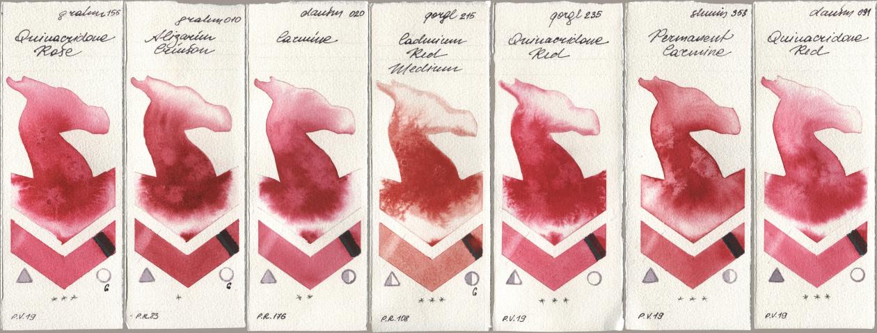M. Graham & Co. Artists 156 Quinacridone Rose, 010 Alizarin Crimson, Daniel Smith 020 Carmine, Golden QOR 215 Cadmium Red Medium, 235 Quinacridone Red, Shminke Horadam Aquarell 353 Permanent Carmine, 091 Quinacridone R watercolor swatch