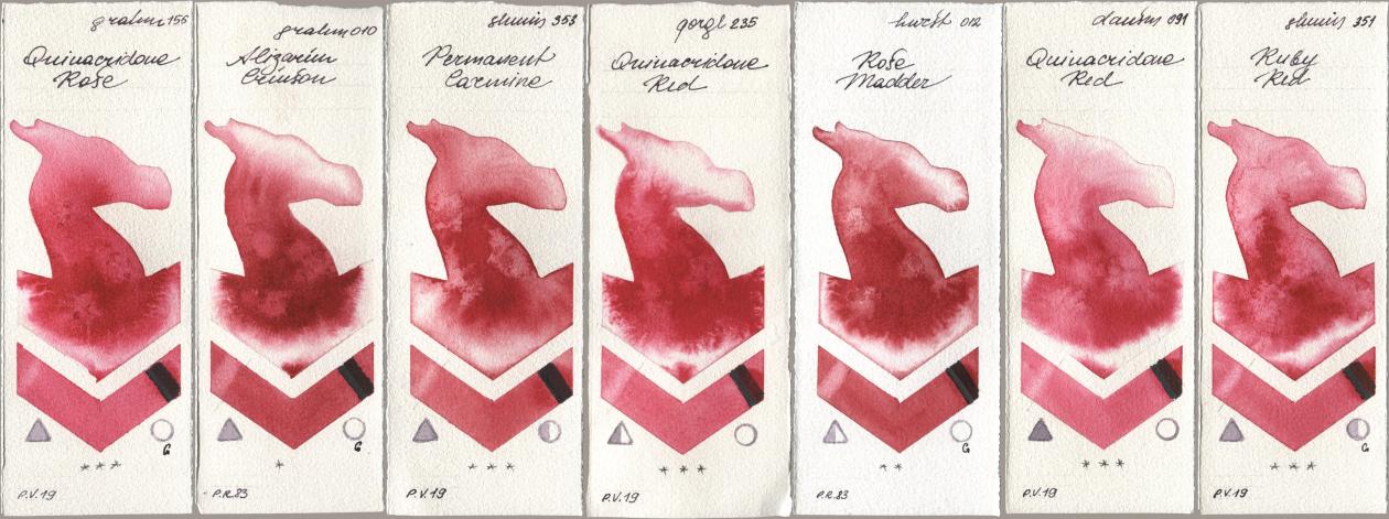 M. Graham & Co. Artists 156 Quinacridone Rose, 010 Alizarin Crimson, Shminke Horadam Aquarell 353 Permanent Carmine, Golden QOR 235 Quinacridone Red, Holbein Artists Watercolor 012 Rose Madder, Daniel Smith 091 Quinacridone Red, 351 Ruby R watercolor swatch