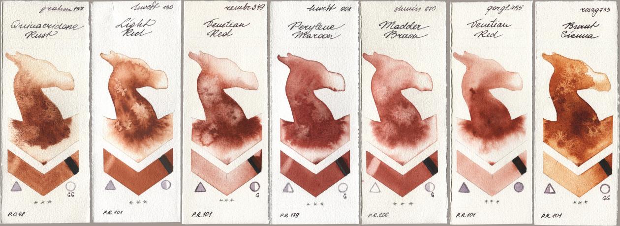 M. Graham & Co. Artists 157 Quinacridone Rust, Holbein Artists Watercolor 130 Light Red, Royal Talens Rembrandt Watercolour 349 Venerian Red, 008 Perylene Maroon, Shminke Horadam Aquarell 670 Madder Brown, Golden QOR 465 Venetian Red, Rosa Gallery 733 Burnt Sien watercolor swatch