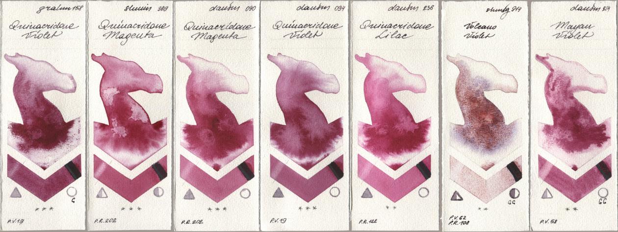 M. Graham & Co. Artists 158 Quinacridone Violet, Shminke Horadam Aquarell 369 Quinacridone Magenta, Daniel Smith 090 Quinacridone Magenta, 094 Quinacridone Violet, 236 Quinacridone Lilac, 914 Volcano Violet, 214 Mayan Viol watercolor swatch