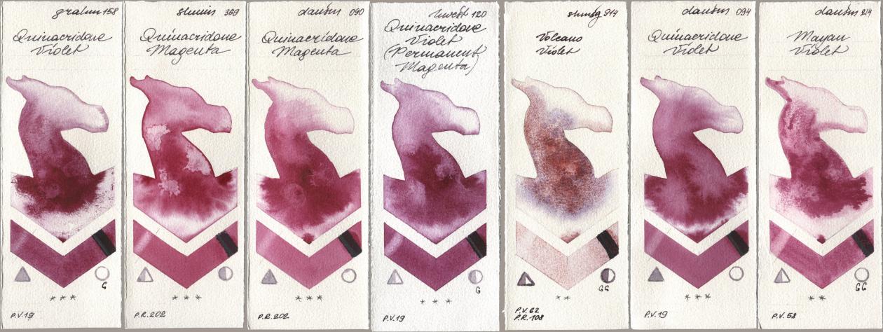M. Graham & Co. Artists 158 Quinacridone Violet, Shminke Horadam Aquarell 369 Quinacridone Magenta, Daniel Smith 090 Quinacridone Magenta, Holbein Artists Watercolor 120 Quinacridone Violet (Permanent Magenta), 914 Volcano Violet, 094 Quinacridone Violet, 214 Mayan Viol watercolor swatch