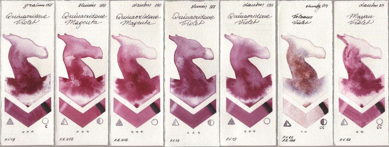 M. Graham & Co. Artists 158 Quinacridone Violet, Shminke Horadam Aquarell 369 Quinacridone Magenta, Daniel Smith 090 Quinacridone Magenta, 368 Quinacridone Violet, 094 Quinacridone Violet, 914 Volcano Violet, 214 Mayan Viol watercolor swatch