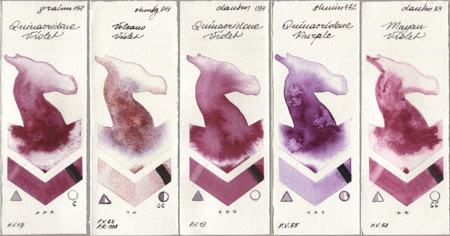 M. Graham & Co. Artists 158 Quinacridone Violet, Shminke Horadam Aquarell 914 Volcano Violet, Daniel Smith 094 Quinacridone Violet, 472 Quinacridone Purple, 214 Mayan Viol watercolor swatch