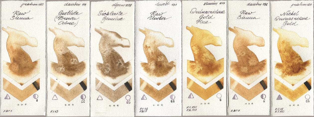 M. Graham & Co. Artists 160 Raw Sienna, Daniel Smith 144 Goethite (Brown Ochre), 209 Sicklerite Genuine, Holbein Artists Watercolor 131 Raw Umber, Shminke Horadam Aquarell 217 Quinacridone Gold Hue, 096 Raw Sienna, 124 Nickel Quinacridone Go watercolor swatch