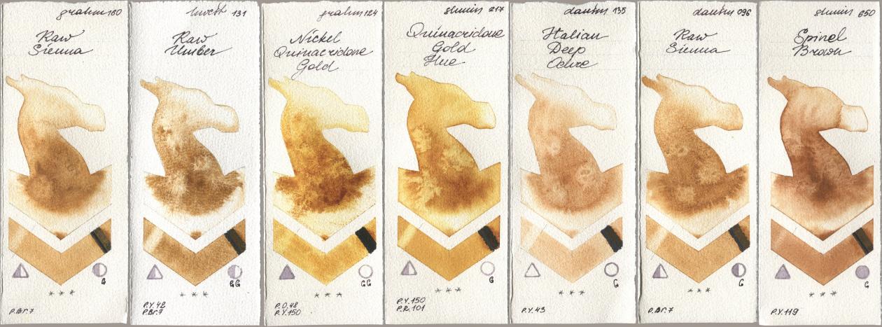 M. Graham & Co. Artists 160 Raw Sienna, Holbein Artists Watercolor 131 Raw Umber, 124 Nickel Quinacridone Gold, Shminke Horadam Aquarell 217 Quinacridone Gold Hue, Daniel Smith 135 Italian Deep Ochre, 096 Raw Sienna, 650 Spinel Bro watercolor swatch