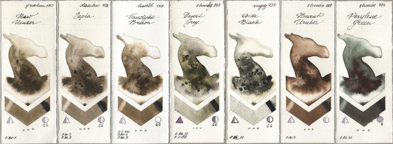 M. Graham & Co. Artists 170 Raw Umber, Daniel Smith 103 Sepia, Holbein Artists Watercolor 139 Vandyke Brown, Shminke Horadam Aquarell 925 Desert Grey, Royal Talens Van Gogh Watercolour 735 Oxide Black, 668 Burnt Umber, 784 Perylene Gre watercolor swatch
