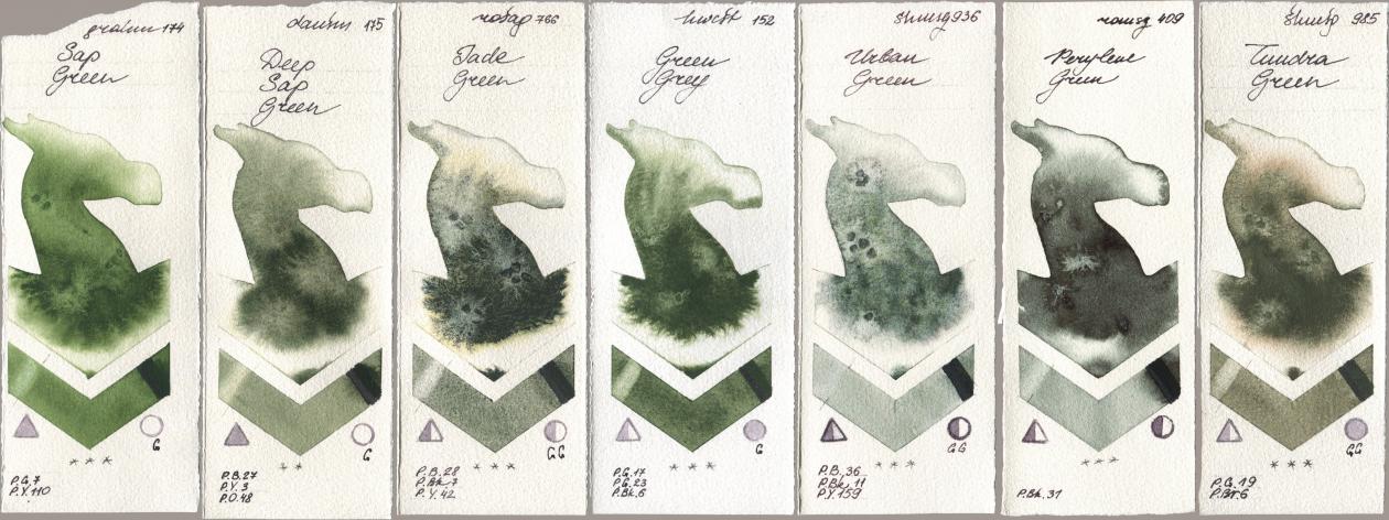 M. Graham & Co. Artists 174 Sap Green, Daniel Smith 175 Deep Sap Green, Rosa Gallery 766 Jade Green, Holbein Artists Watercolor 152 Green Grey, Shminke Horadam Aquarell 936 Urban Green, Roman Szmal Aquarius 409 Perylene Green, 985 Tundra Gre watercolor swatch