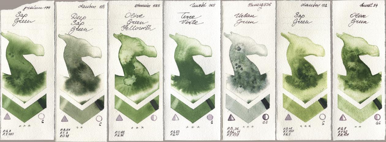 M. Graham & Co. Artists 174 Sap Green, Daniel Smith 175 Deep Sap Green, Shminke Horadam Aquarell 525 Olive Green Yellowish, Holbein Artists Watercolor 065 Terre Verte, 936 Urban Green, 102 Sap Green, Kuretake Gansai Tambi 054 Olive Gre watercolor swatch