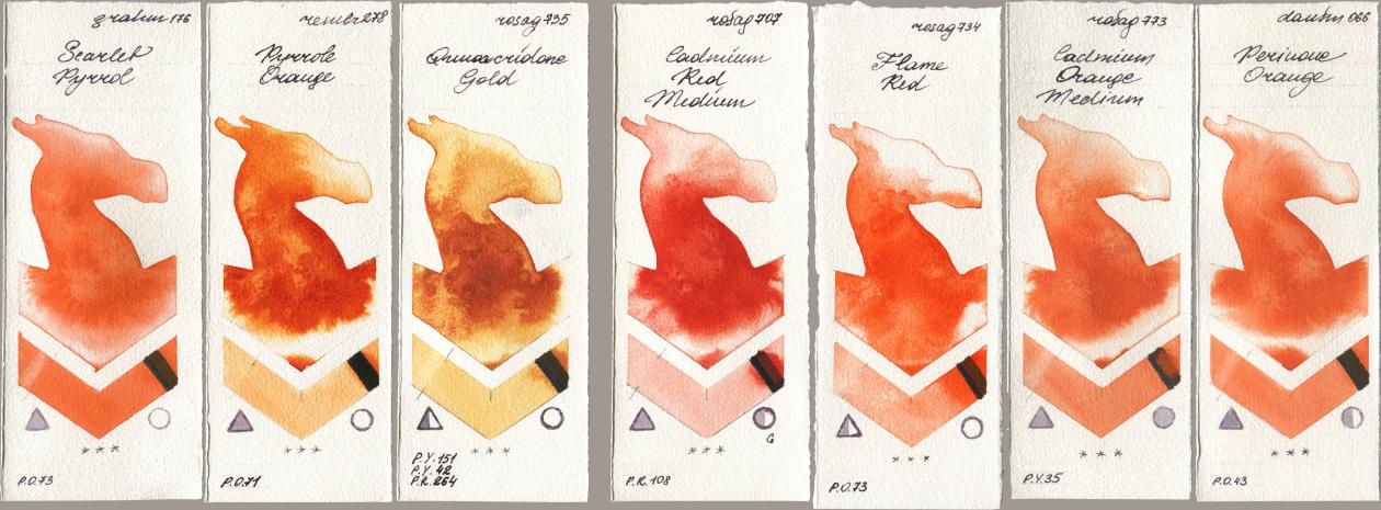 M. Graham & Co. Artists 176 Scarlet Pyrrol, Royal Talens Rembrandt Watercolour 278 Pyrrole Orange, Rosa Gallery 735 Quinacridone Gold, 707 Cadmium Red Medium, 734 Flame Red, 773 Cadmium Orange Medium, Daniel Smith 066 Perinone Oran watercolor swatch