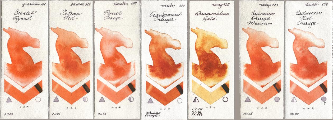 M. Graham & Co. Artists 176 Scarlet Pyrrol, Shminke Horadam Aquarell 359 Saturn Red, Daniel Smith 126 Pyrrol Orange, Winsor & Newton Professional 650 Transparent Orange, Rosa Gallery 735 Quinacridone Gold, 773 Cadmium Orange Medium, Holbein Artists Watercolor 016 Cadmium Red Oran watercolor swatch
