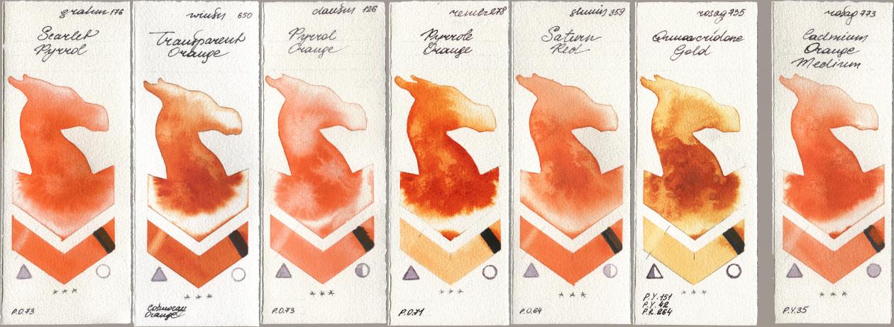 M. Graham & Co. Artists 176 Scarlet Pyrrol, Winsor & Newton Professional 650 Transparent Orange, Daniel Smith 126 Pyrrol Orange, Royal Talens Rembrandt Watercolour 278 Pyrrole Orange, Shminke Horadam Aquarell 359 Saturn Red, Rosa Gallery 735 Quinacridone Gold, 773 Cadmium Orange Medi watercolor swatch