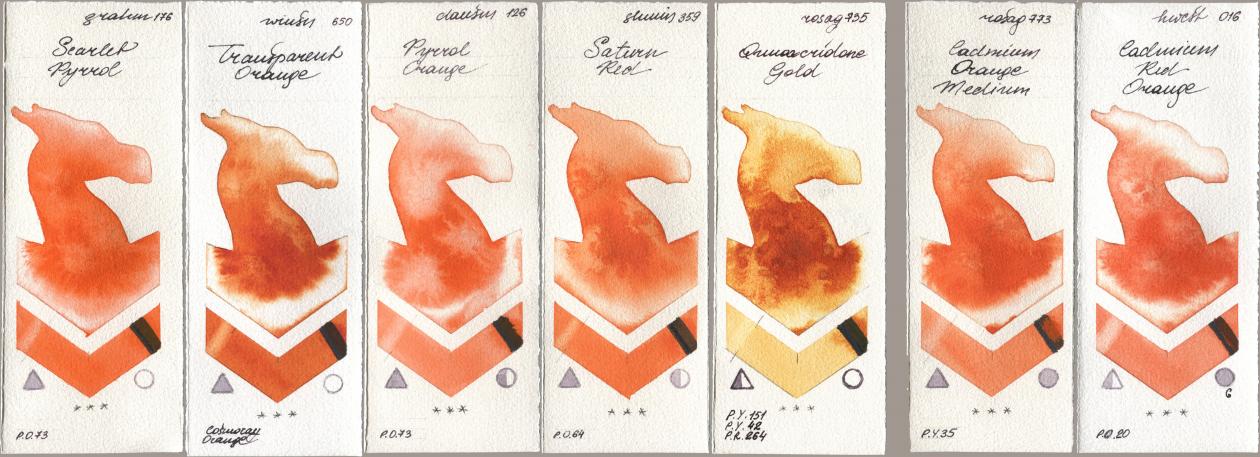 M. Graham & Co. Artists 176 Scarlet Pyrrol, Winsor & Newton Professional 650 Transparent Orange, Daniel Smith 126 Pyrrol Orange, Shminke Horadam Aquarell 359 Saturn Red, Rosa Gallery 735 Quinacridone Gold, 773 Cadmium Orange Medium, Holbein Artists Watercolor 016 Cadmium Red Oran watercolor swatch