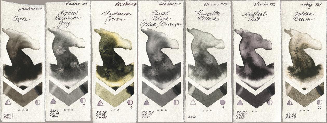 M. Graham & Co. Artists 178 Sepia, Daniel Smith 243 Alvaros Caliente Grey, 109 Undersea Green, 250 Janes Black (Blue/Orange), Shminke Horadam Aquarell 789 Hematite Black, 782 Neutral Tint, Rosa Gallery 761 Golden Bro watercolor swatch