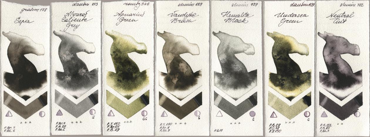 M. Graham & Co. Artists 178 Sepia, Daniel Smith 243 Alvaros Caliente Grey, Roman Szmal Aquarius 346 Aquarius Green, Shminke Horadam Aquarell 669 Vandyke Brown, 789 Hematite Black, 109 Undersea Green, 782 Neutral Ti watercolor swatch