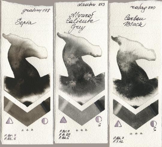 M. Graham & Co. Artists 178 Sepia, Daniel Smith 243 Alvaros Caliente Grey, Rosa Gallery 770 Carbon Bla watercolor swatch