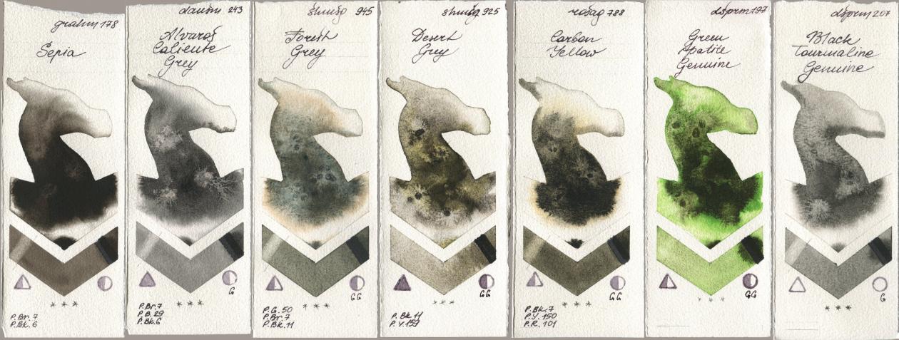 M. Graham & Co. Artists 178 Sepia, Daniel Smith 243 Alvaros Caliente Grey, Shminke Horadam Aquarell 945 Forest Grey, 925 Desert Grey, Rosa Gallery 788 Carbon Yellow, 197 Green Apatite Genuine, 207 Black Tourmaline Genui watercolor swatch
