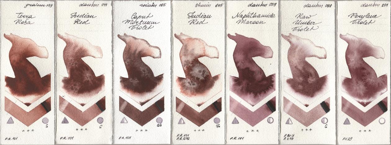 M. Graham & Co. Artists 179 Terra Rosa, Daniel Smith 044 Indian Red, Winsor & Newton Professional 125 Caput Mortuum Violet, Shminke Horadam Aquarell 645 Indian Red, 059 Naphthamide Maroon, 098 Raw Umber Violet, 201 Perylene Viol watercolor swatch