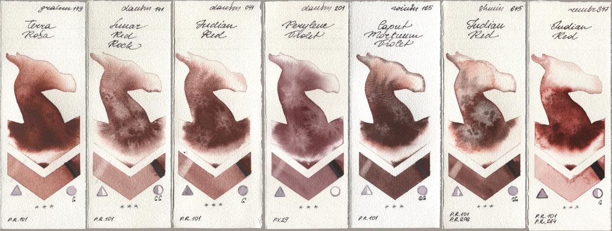 M. Graham & Co. Artists 179 Terra Rosa, Daniel Smith 141 Lunar Red Rock, 044 Indian Red, 201 Perylene Violet, Winsor & Newton Professional 125 Caput Mortuum Violet, Shminke Horadam Aquarell 645 Indian Red, Royal Talens Rembrandt Watercolour 347 Indian R watercolor swatch