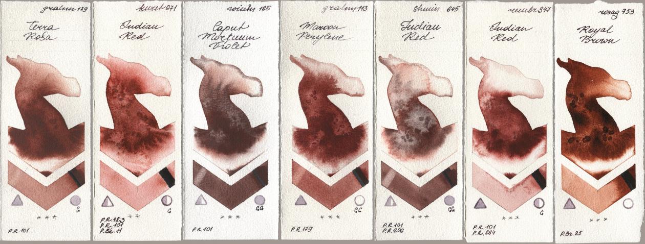 M. Graham & Co. Artists 179 Terra Rosa, Kuretake Gansai Tambi 071 Indian Red, Winsor & Newton Professional 125 Caput Mortuum Violet, 113 Maroon Perylene, Shminke Horadam Aquarell 645 Indian Red, Royal Talens Rembrandt Watercolour 347 Indian Red, Rosa Gallery 753 Royal Bro watercolor swatch