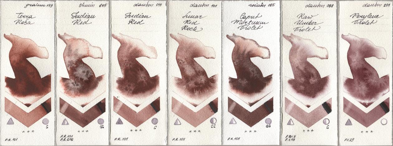 M. Graham & Co. Artists 179 Terra Rosa, Shminke Horadam Aquarell 645 Indian Red, Daniel Smith 044 Indian Red, 141 Lunar Red Rock, Winsor & Newton Professional 125 Caput Mortuum Violet, 098 Raw Umber Violet, 201 Perylene Viol watercolor swatch