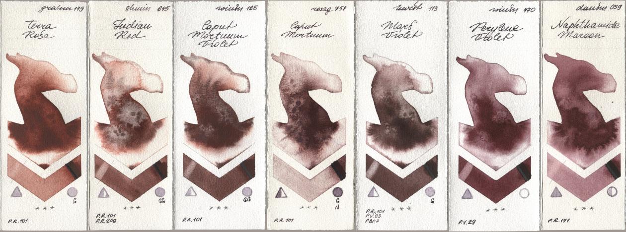 M. Graham & Co. Artists 179 Terra Rosa, Shminke Horadam Aquarell 645 Indian Red, Winsor & Newton Professional 125 Caput Mortuum Violet, Rosa Gallery 758 Caput Mortuum, Holbein Artists Watercolor 113 Mars Violet, 470 Perylene Violet, Daniel Smith 059 Naphthamide Maro watercolor swatch