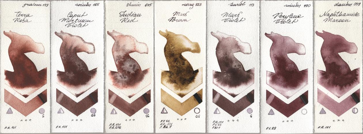 M. Graham & Co. Artists 179 Terra Rosa, Winsor & Newton Professional 125 Caput Mortuum Violet, Shminke Horadam Aquarell 645 Indian Red, Rosa Gallery 723 Mars Brown, Holbein Artists Watercolor 113 Mars Violet, 470 Perylene Violet, Daniel Smith 059 Naphthamide Maro watercolor swatch