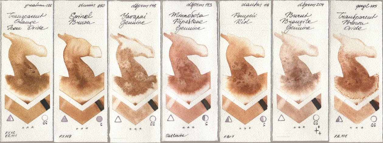 M. Graham & Co. Artists 186 Transparent Orange Iron Oxide, Shminke Horadam Aquarell 650 Spinel Brown, Daniel Smith 146 Yavapai Genuine, 143 Minnesota Pipestone Genuine, 116 Pompeii Red, 204 Burnt Bronzite Genuine, Golden QOR 475 Transparent Brown Oxi watercolor swatch