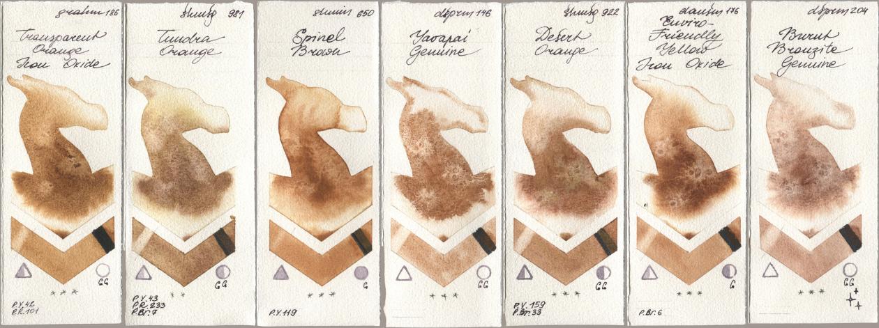 M. Graham & Co. Artists 186 Transparent Orange Iron Oxide, Shminke Horadam Aquarell 981 Tundra Orange, 650 Spinel Brown, Daniel Smith 146 Yavapai Genuine, 922 Desert Orange, 176 Enviro-Friendly Yellow Iron Oxide, 204 Burnt Bronzite Genui watercolor swatch