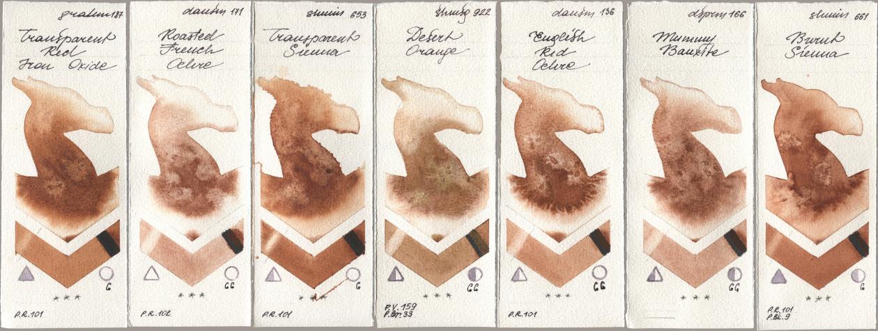 M. Graham & Co. Artists 187 Transparent Red Iron Oxide, Daniel Smith 171 Roasted French Ochre, Shminke Horadam Aquarell 653 Transparent Sienna, 922 Desert Orange, 136 English Red Ochre, 166 Mummy Bauxite, 661 Burnt Sien watercolor swatch
