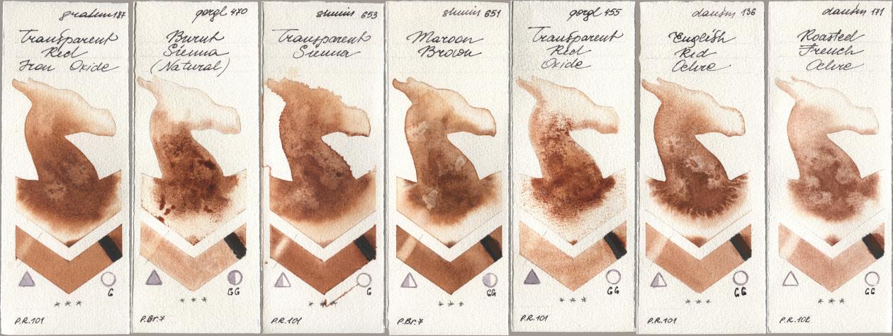 M. Graham & Co. Artists 187 Transparent Red Iron Oxide, Golden QOR 470 Burnt Sienna (Natural), Shminke Horadam Aquarell 653 Transparent Sienna, 651 Maroon Brown, 455 Transparent Red Oxide, Daniel Smith 136 English Red Ochre, 171 Roasted French Och watercolor swatch