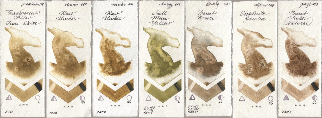 M. Graham & Co. Artists 188 Transparent Yellow Iron Oxide, Shminke Horadam Aquarell 667 Raw Umber, Winsor & Newton Professional 554 Raw Umber, Holbein Artists Watercolor 512 Full Moon Yellow, 923 Desert Brown, Daniel Smith 209 Sicklerite Genuine, Golden QOR 480 Burnt Umber (Natura watercolor swatch
