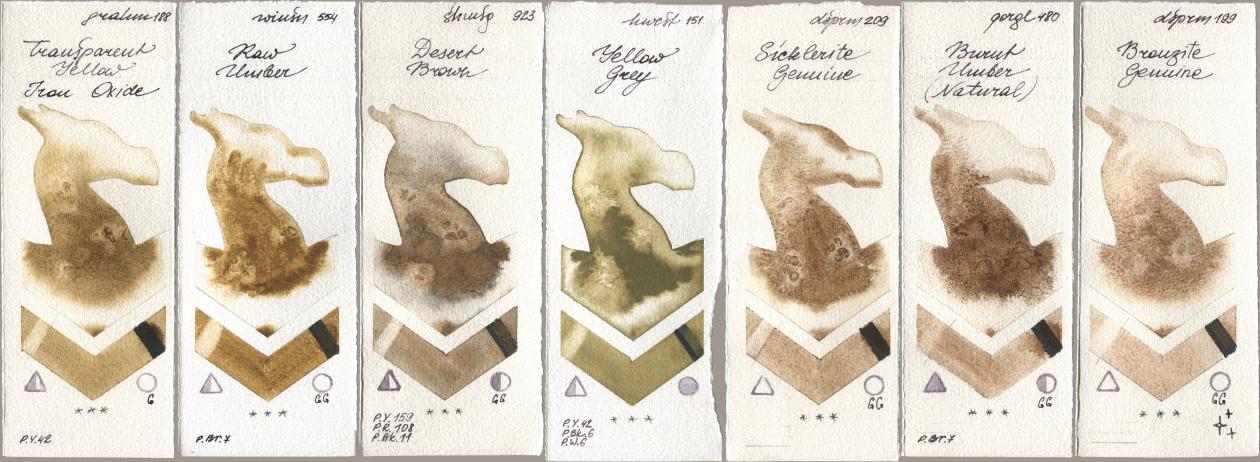 M. Graham & Co. Artists 188 Transparent Yellow Iron Oxide, Winsor & Newton Professional 554 Raw Umber, Shminke Horadam Aquarell 923 Desert Brown, Holbein Artists Watercolor 151 Yellow Grey, Daniel Smith 209 Sicklerite Genuine, Golden QOR 480 Burnt Umber (Natural), 199 Bronzite Genui watercolor swatch