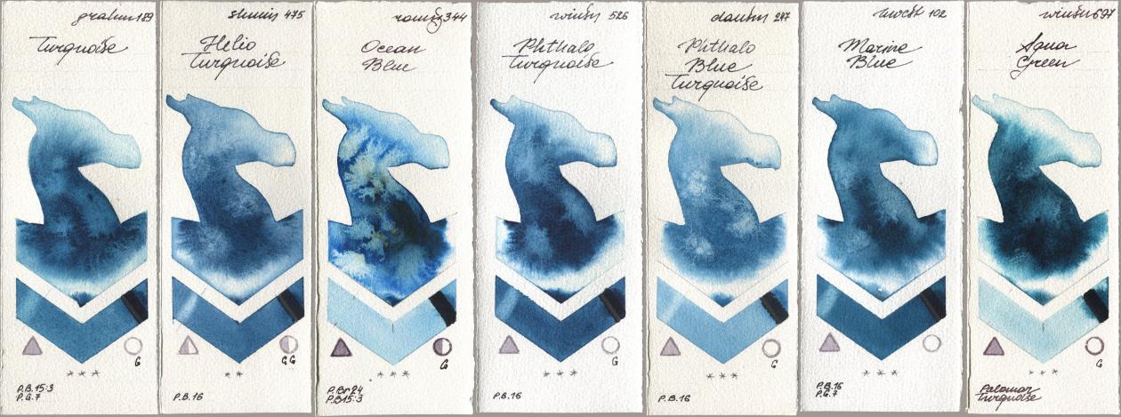 M. Graham & Co. Artists 189 Turquoise, Shminke Horadam Aquarell 475 Helio Turquoise, Roman Szmal Aquarius 344 Ocean Blue, Winsor & Newton Professional 526 Phthalo Turquoise, Daniel Smith 247 Phthalo Blue Turquoise, Holbein Artists Watercolor 102 Marine Blue, 697 Aqua Gre watercolor swatch