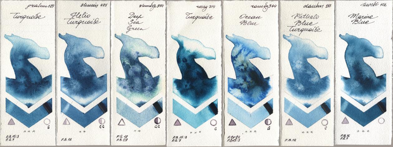 M. Graham & Co. Artists 189 Turquoise, Shminke Horadam Aquarell 475 Helio Turquoise, 954 Deep Sea Green, Rosa Gallery 714 Turquoise, Roman Szmal Aquarius 344 Ocean Blue, Daniel Smith 247 Phthalo Blue Turquoise, Holbein Artists Watercolor 102 Marine Bl watercolor swatch