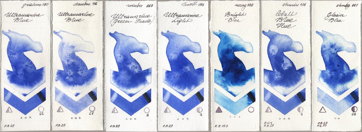 M. Graham & Co. Artists 190 Ultramarine Blue, Daniel Smith 106 Ultramarine Blue, Winsor & Newton Professional 667 Ultramarine (Green Shade), Holbein Artists Watercolor 093 Ultramarine Light, Rosa Gallery 729 Bright Blue, Shminke Horadam Aquarell 486 Cobalt Blue Hue, 961 Glacier Bl watercolor swatch