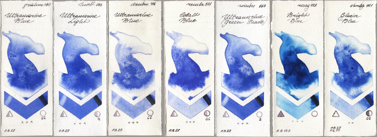 M. Graham & Co. Artists 190 Ultramarine Blue, Holbein Artists Watercolor 093 Ultramarine Light, Daniel Smith 106 Ultramarine Blue, Royal Talens Rembrandt Watercolour 511 Cobalt Blue, Winsor & Newton Professional 667 Ultramarine (Green Shade), Rosa Gallery 729 Bright Blue, Shminke Horadam Aquarell 961 Glacier Bl watercolor swatch
