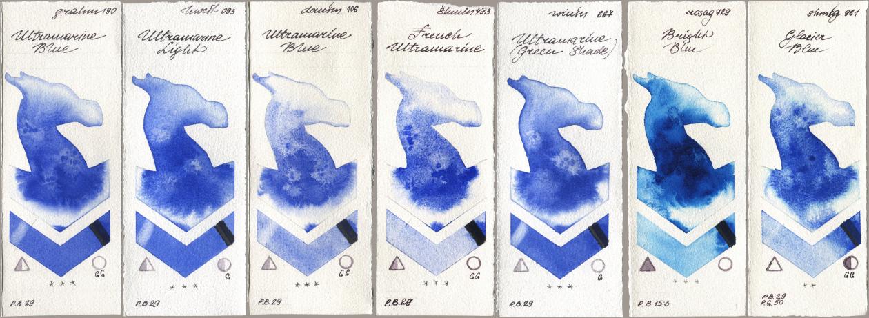 M. Graham & Co. Artists 190 Ultramarine Blue, Holbein Artists Watercolor 093 Ultramarine Light, Daniel Smith 106 Ultramarine Blue, Shminke Horadam Aquarell 493 French Ultramarine, Winsor & Newton Professional 667 Ultramarine (Green Shade), Rosa Gallery 729 Bright Blue, 961 Glacier Bl watercolor swatch