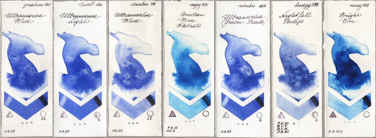 M. Graham & Co. Artists 190 Ultramarine Blue, Holbein Artists Watercolor 093 Ultramarine Light, Daniel Smith 106 Ultramarine Blue, Royal Talens Van Gogh Watercolour 535 Cerulean Blue Phthalo, Winsor & Newton Professional 667 Ultramarine (Green Shade), 533 Nightfall Indigo, Rosa Gallery 729 Bright Bl watercolor swatch