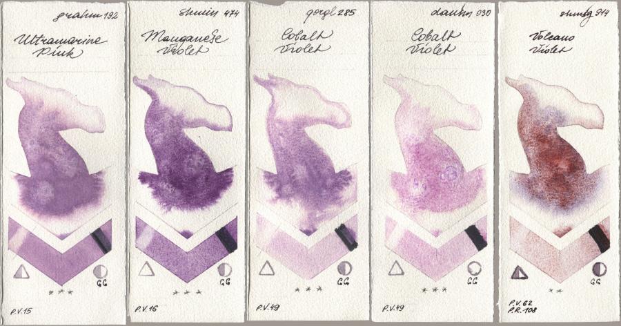M. Graham & Co. Artists 192 Ultramarine Pink, Shminke Horadam Aquarell 474 Manganese Violet, Golden QOR 285 Cobalt Violet, Daniel Smith 030 Cobalt Violet, 914 Volcano Viol watercolor swatch