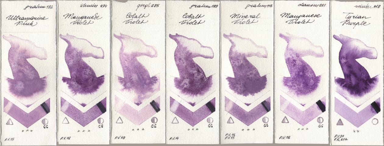 M. Graham & Co. Artists 192 Ultramarine Pink, Shminke Horadam Aquarell 474 Manganese Violet, Golden QOR 285 Cobalt Violet, 099 Cobalt Violet, 116 Mineral Violet, Daniel Smith 261 Manganese Violet, Winsor & Newton Professional 419 Tyrian Purp watercolor swatch