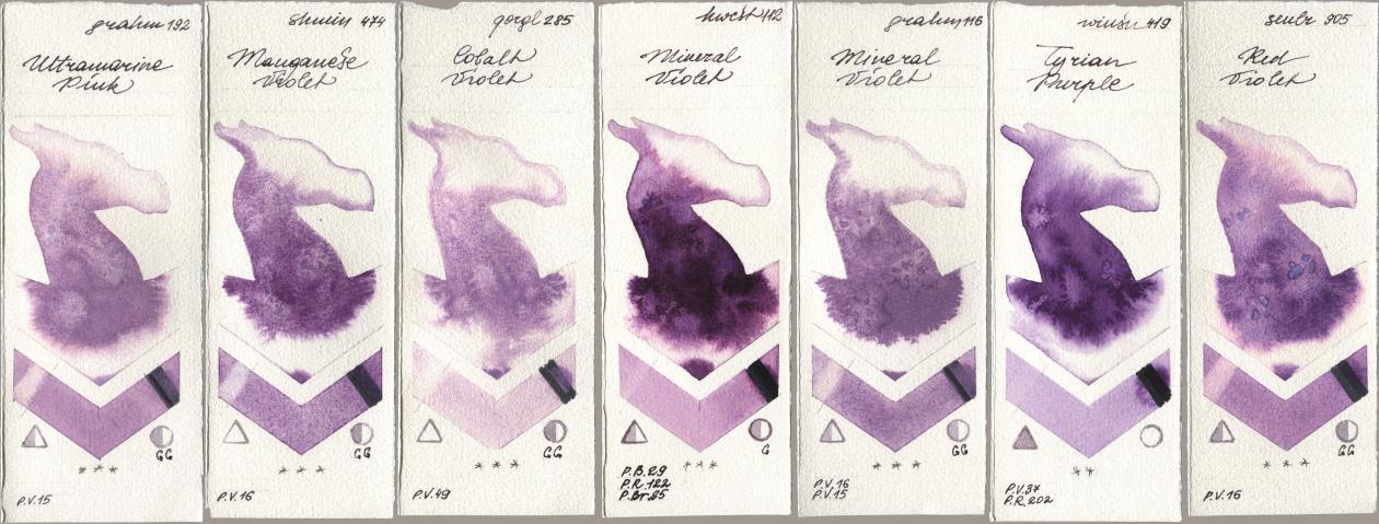 M. Graham & Co. Artists 192 Ultramarine Pink, Shminke Horadam Aquarell 474 Manganese Violet, Golden QOR 285 Cobalt Violet, Holbein Artists Watercolor 112 Mineral Violet, 116 Mineral Violet, Winsor & Newton Professional 419 Tyrian Purple, Sennelier l Aquarelle 905 Red Viol watercolor swatch