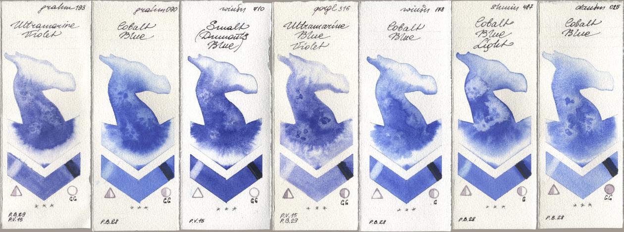 M. Graham & Co. Artists 193 Ultramarine Violet, 090 Cobalt Blue, Winsor & Newton Professional 710 Smalt (Dumonts Blue), Golden QOR 316 Ultramarine Blue Violet, 178 Cobalt Blue, Shminke Horadam Aquarell 487 Cobalt Blue Light, Daniel Smith 025 Cobalt Bl watercolor swatch