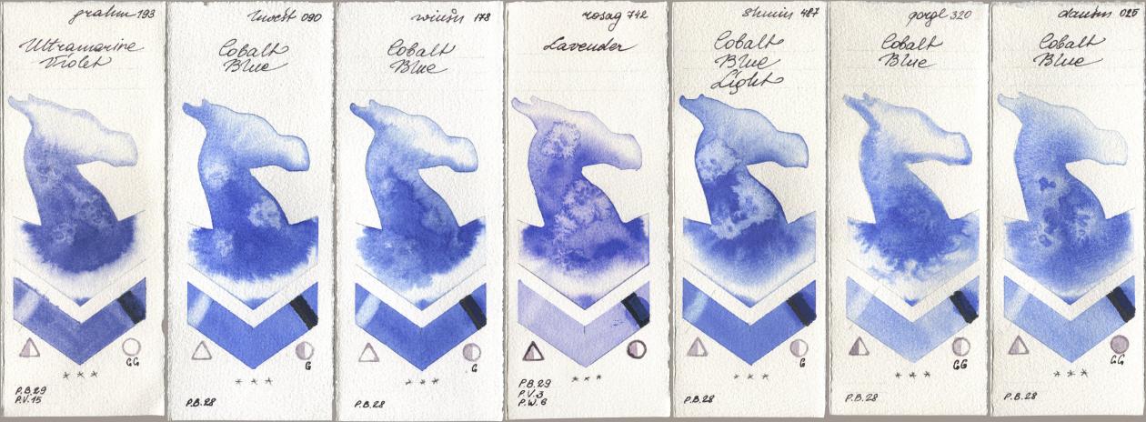 M. Graham & Co. Artists 193 Ultramarine Violet, Holbein Artists Watercolor 090 Cobalt Blue, Winsor & Newton Professional 178 Cobalt Blue, Rosa Gallery 742 Lavender, Shminke Horadam Aquarell 487 Cobalt Blue Light, Golden QOR 320 Cobalt Blue, Daniel Smith 025 Cobalt Bl watercolor swatch