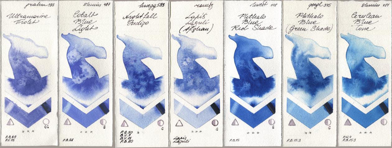 M. Graham & Co. Artists 193 Ultramarine Violet, Shminke Horadam Aquarell 487 Cobalt Blue Light, Holbein Artists Watercolor 533 Nightfall Indigo, Roman Szmal Aquarius 999 Lapis Lazuli Afghan, 108 Phthalo Blue Red Shade, Golden QOR 345 Phthalo Blue (Green Shade), 481 Cerulean Blue To watercolor swatch