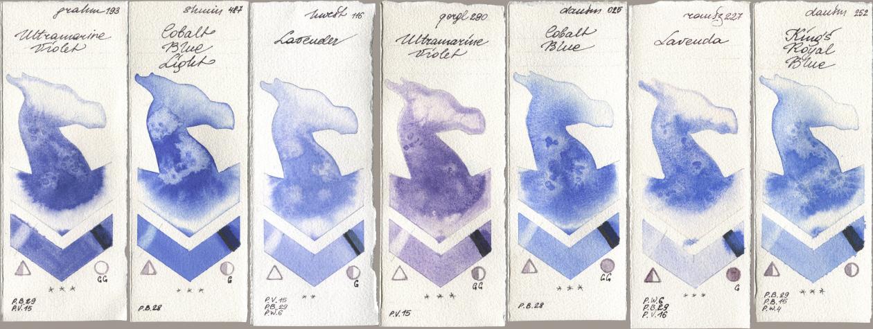 M. Graham & Co. Artists 193 Ultramarine Violet, Shminke Horadam Aquarell 487 Cobalt Blue Light, Holbein Artists Watercolor 116 Lavender, Golden QOR 290 Ultramarine Violet, Daniel Smith 025 Cobalt Blue, Roman Szmal Aquarius 227 Lavenda, 252 King’s Royal Bl watercolor swatch