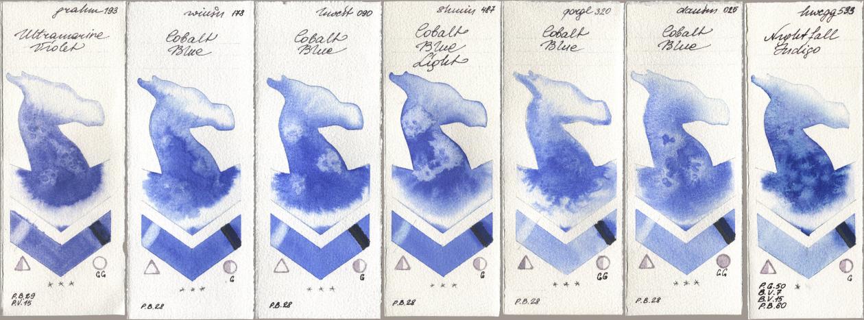 M. Graham & Co. Artists 193 Ultramarine Violet, Winsor & Newton Professional 178 Cobalt Blue, Holbein Artists Watercolor 090 Cobalt Blue, Shminke Horadam Aquarell 487 Cobalt Blue Light, Golden QOR 320 Cobalt Blue, Daniel Smith 025 Cobalt Blue, 533 Nightfall Indi watercolor swatch